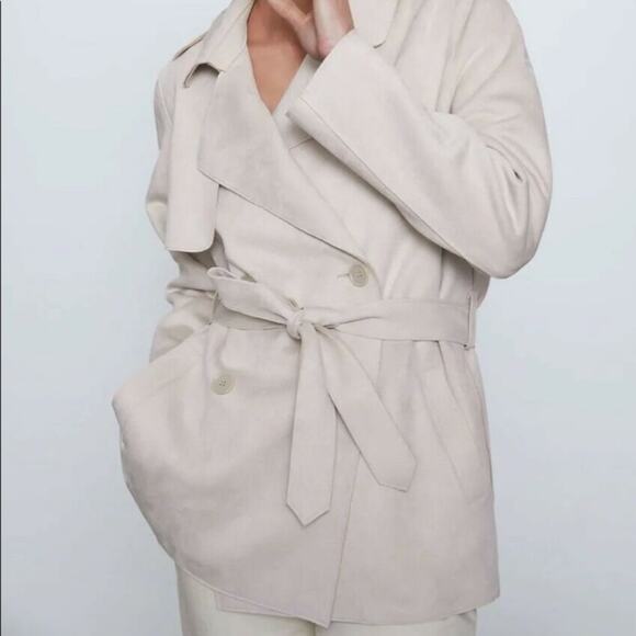 Zara double breasted belted cream faux suede coat - Picture 1 of 7